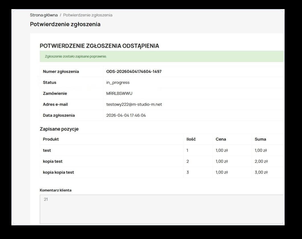 Widok potwierdzenia zgłoszenia odstąpienia w module PrestaShop 8.2